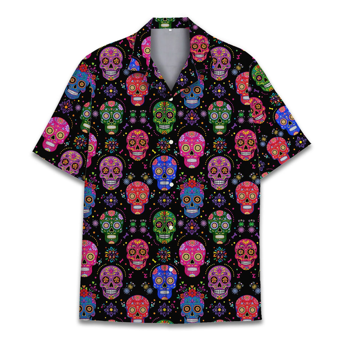 Front view of the matching family Hawaiian shirt with geometric flowers
