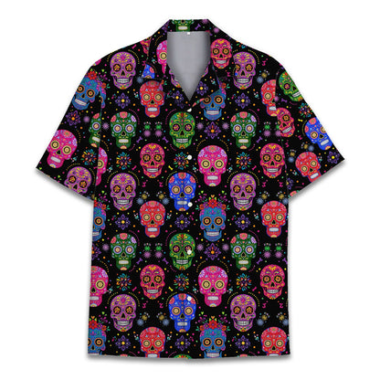 Front view of the matching family Hawaiian shirt with geometric flowers