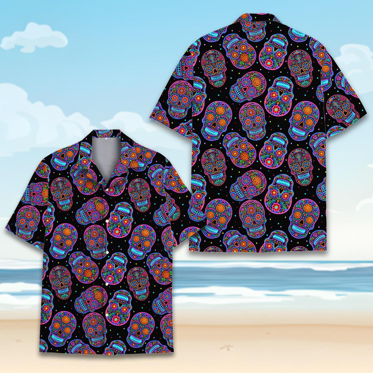 Halloween hawaiian shirt front showing vibrant skull details