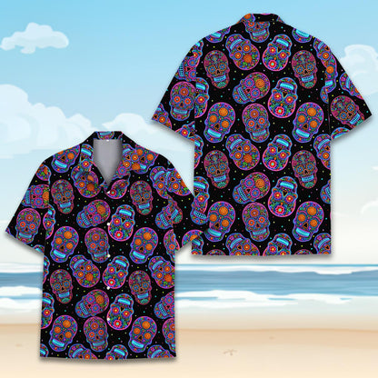 Halloween hawaiian shirt front showing vibrant skull details