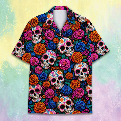 Close up front view of the sugar skulls matching family hawaiian shirt