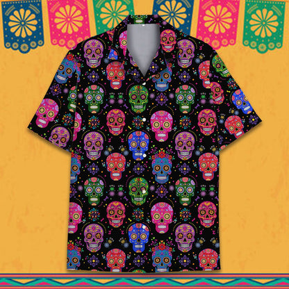 Another front angle of the sugar skulls pattern Hawaiian shirt