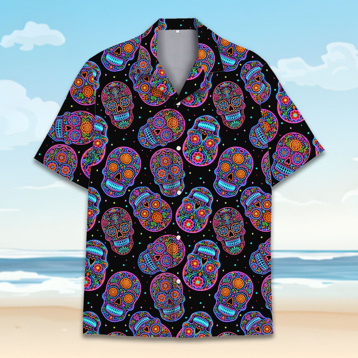 Neon sugar skulls on a black background hawaiian shirt, front view