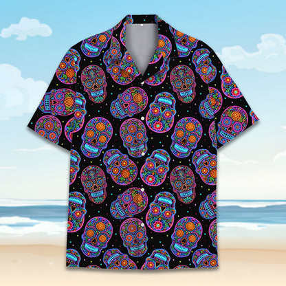 Neon sugar skulls on a black background hawaiian shirt, front view