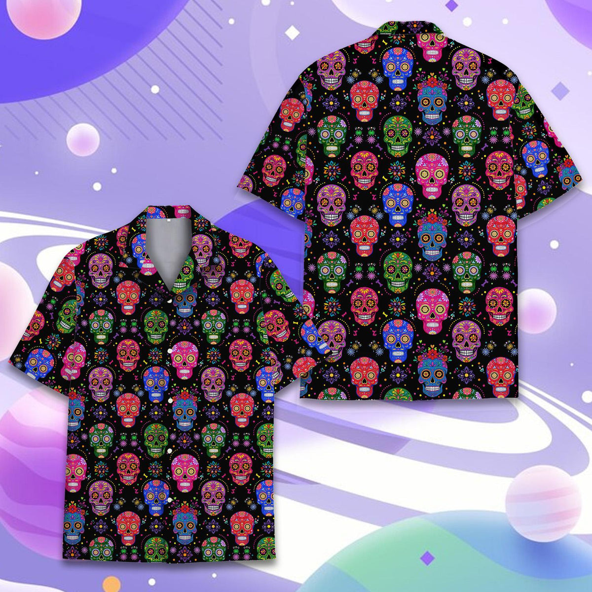 Close up of matching family Hawaiian shirts with sugar skulls pattern
