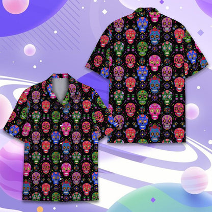 Close up of matching family Hawaiian shirts with sugar skulls pattern