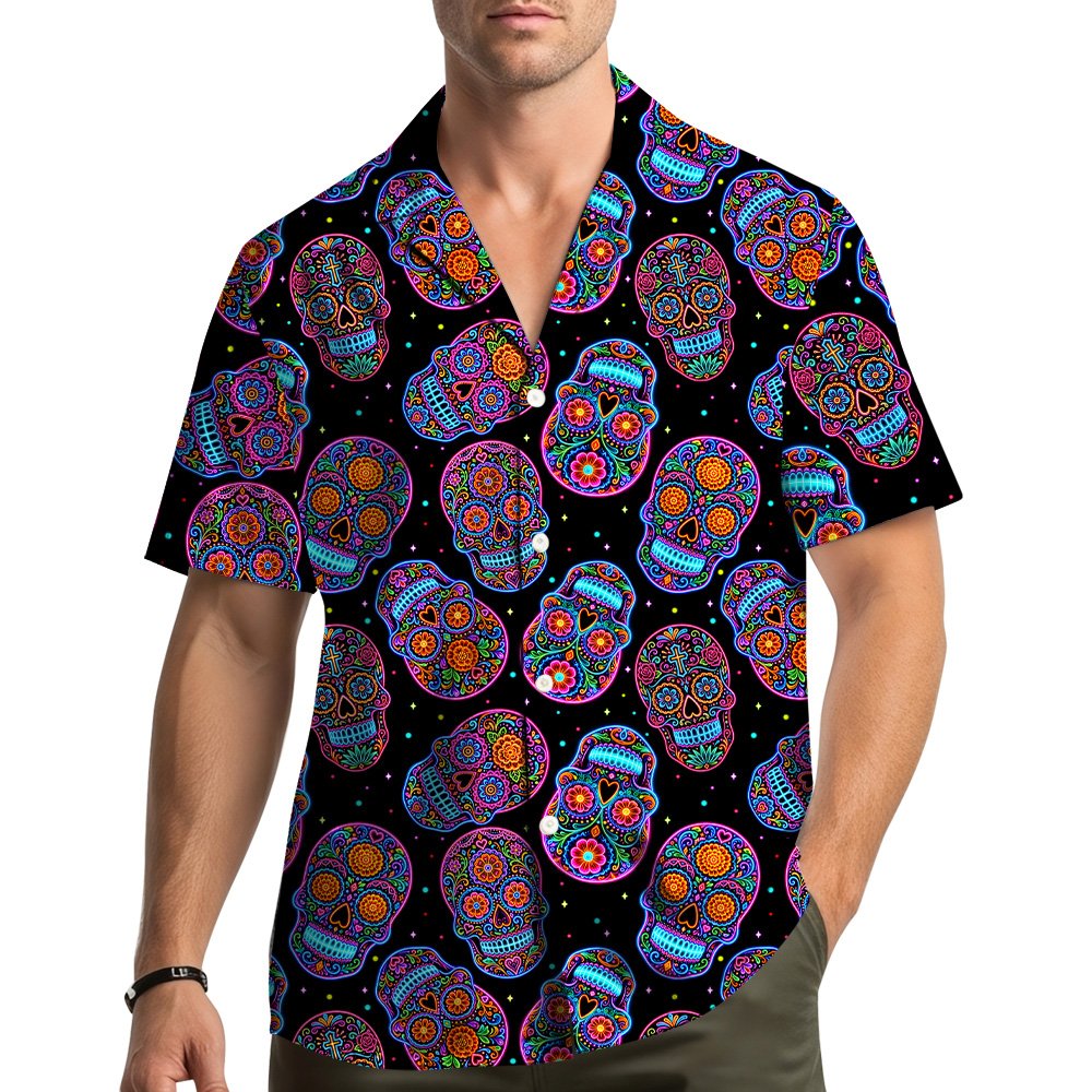 Sugar skulls hawaiian shirt, front view