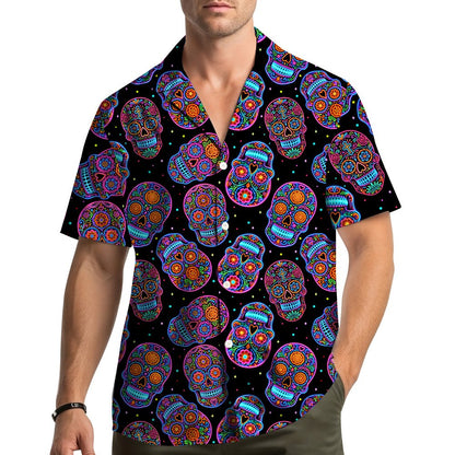 Matching family hawaiian shirts featuring a neon sugar skulls pattern on a black background, main view