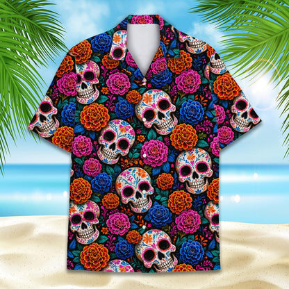 Front view of the sugar skulls matching family hawaiian shirt