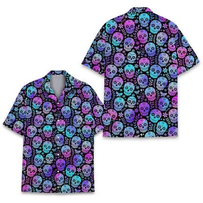 Matching family sugar hawaiian shirt with gradient skulls on a black background, main view