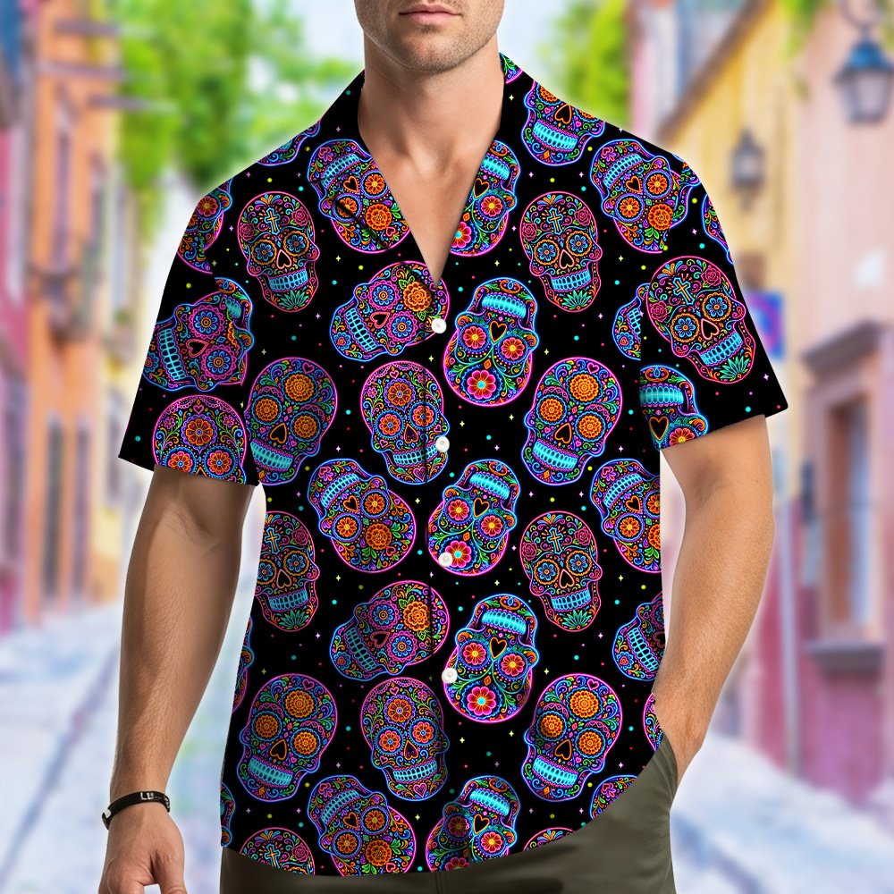 Lifestyle view of someone wearing the halloween hawaiian shirt outdoors