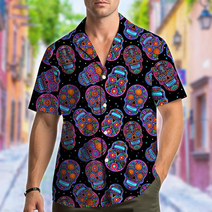 Lifestyle view of someone wearing the halloween hawaiian shirt outdoors