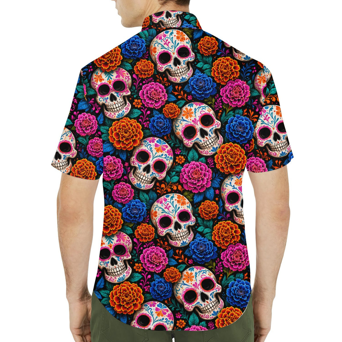 Another lifestyle view of a person wearing the matching family hawaiian shirt