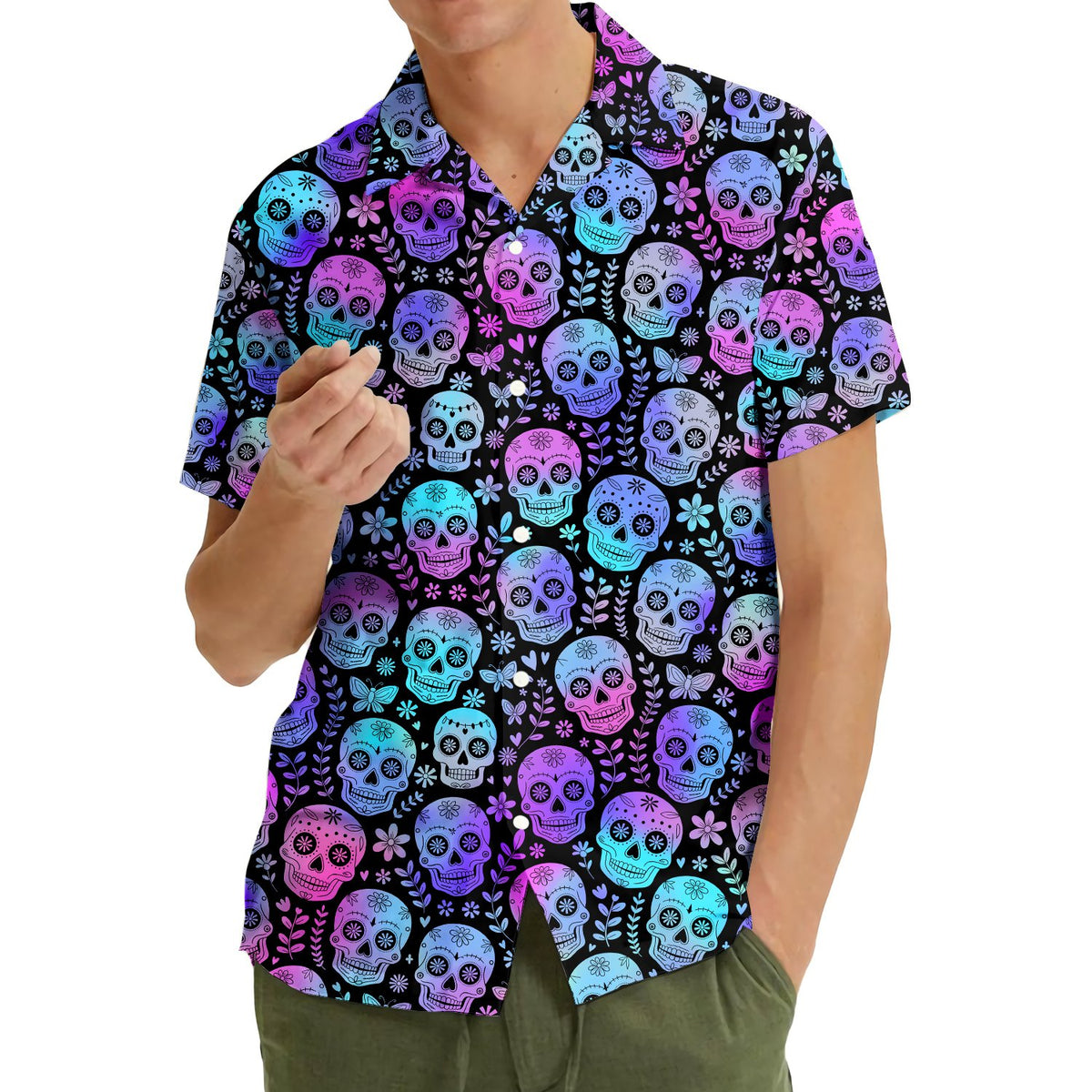 Second lifestyle view showing the colorful sugar skulls pattern in a casual setting