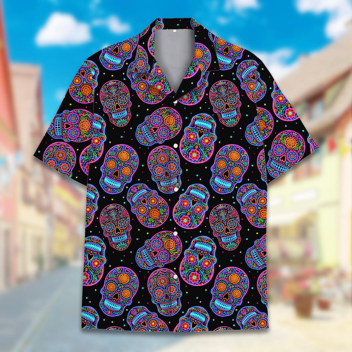 Close-up lifestyle view of the sugar skulls hawaiian shirt in a casual setting