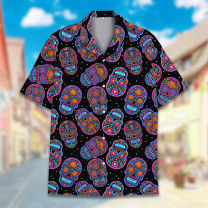 Close-up lifestyle view of the sugar skulls hawaiian shirt in a casual setting