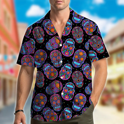 Lifestyle view of a family wearing matching family hawaiian shirts with sugar skulls