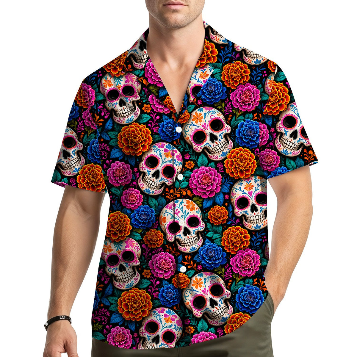 Lifestyle view of a person wearing the matching family hawaiian shirt