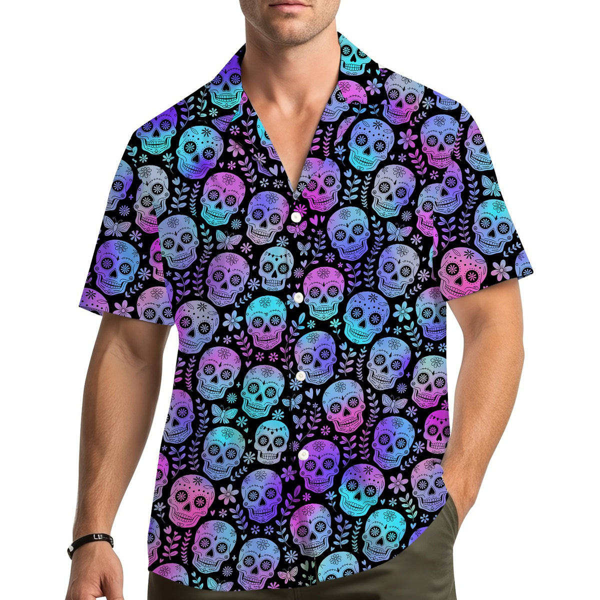 Lifestyle view of a person wearing the halloween hawaiian shirt