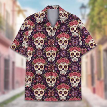 Close up front view of the sugar skull hawaiian shirt showing the collar and buttons