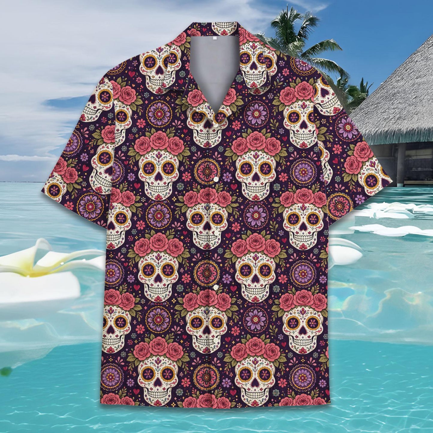 Detailed front view of the floral crowns and mandala motifs on the purple hawaiian shirt