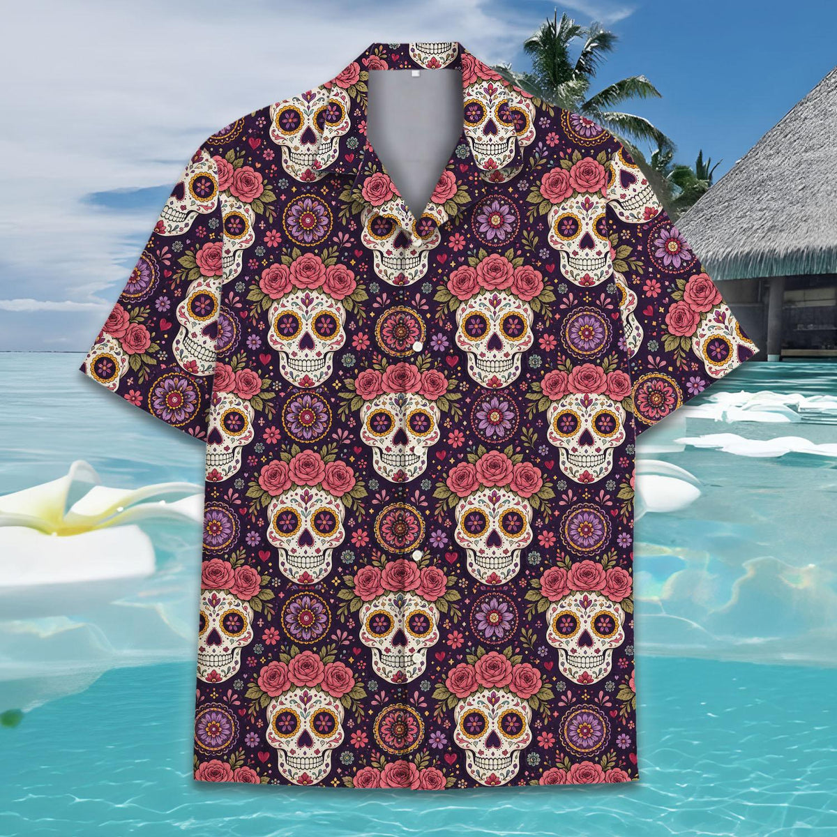 Detailed front view of the floral crowns and mandala motifs on the purple hawaiian shirt