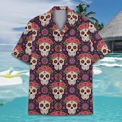 Detailed front view of the floral crowns and mandala motifs on the purple hawaiian shirt