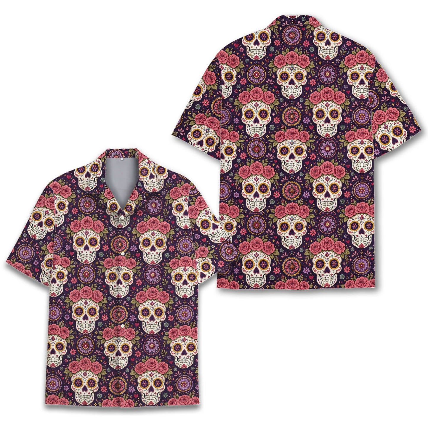 Another front view of the holiday pattern sugar skull shirt