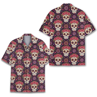 Another front view of the holiday pattern sugar skull shirt