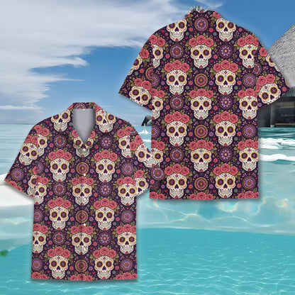 Sugar skull hawaiian shirt in dark purple with pink and yellow floral motifs, main view
