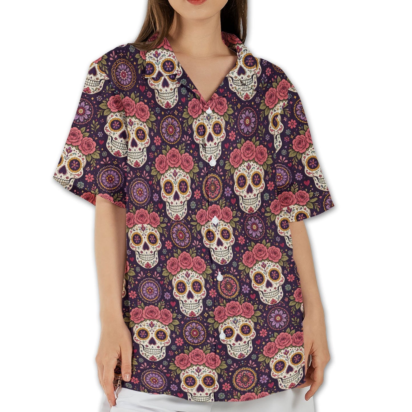 Second lifestyle view showcasing the sugar skull hawaiian shirt in a casual setting