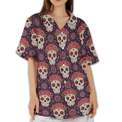 Second lifestyle view showcasing the sugar skull hawaiian shirt in a casual setting