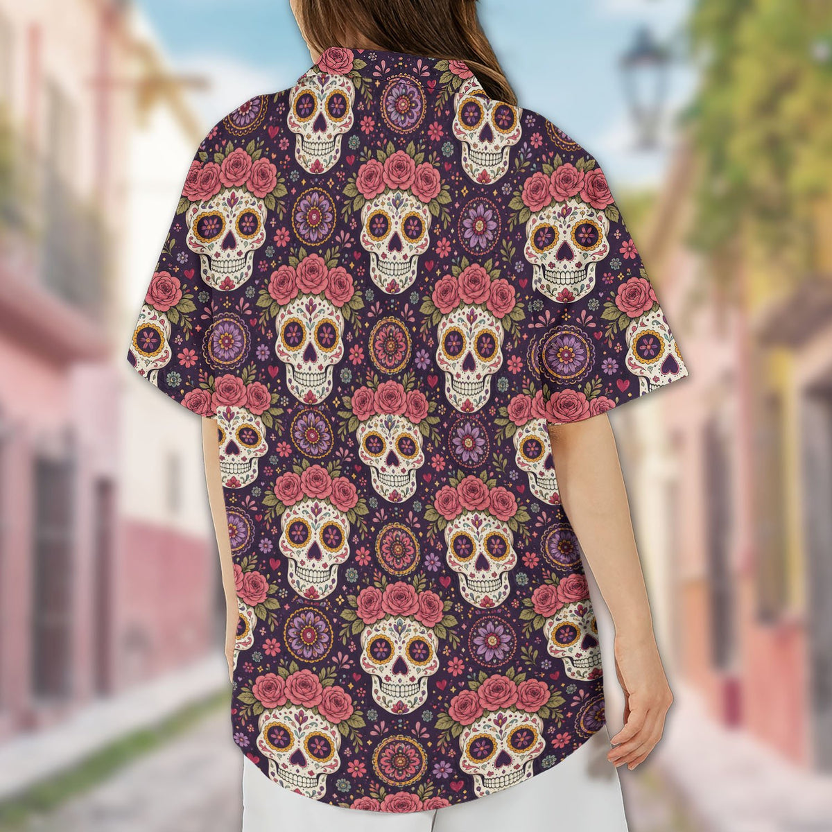 Third lifestyle view highlighting the vibrant pink and yellow colors on the dark purple background