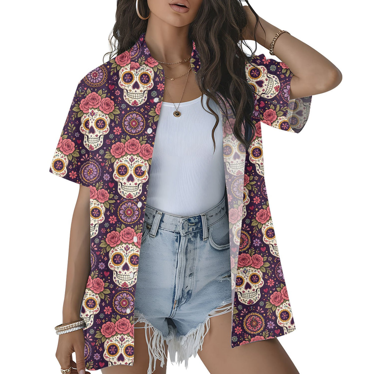 Fifth lifestyle view of the sugar skull hawaiian shirt being worn as a matching set