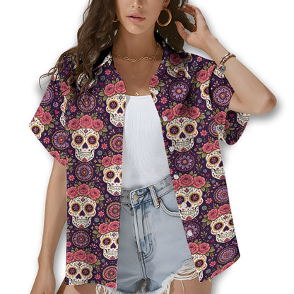 Lifestyle view of individuals wearing the matching family hawaiian shirts outdoors