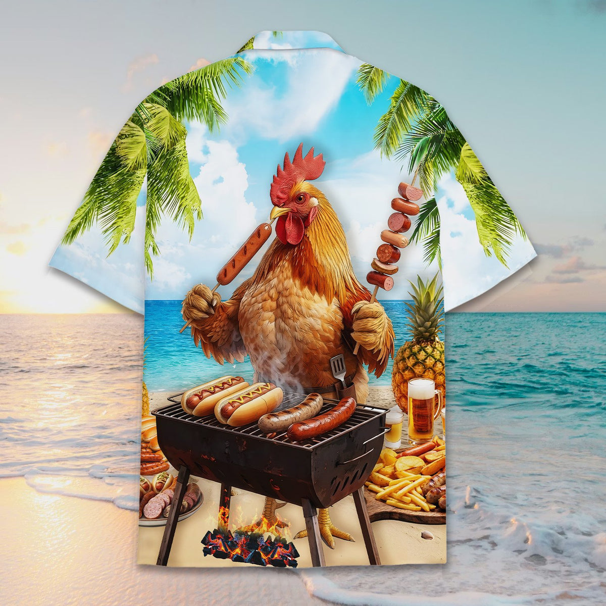 Summer bbq rooster hawaiian shirt, back view