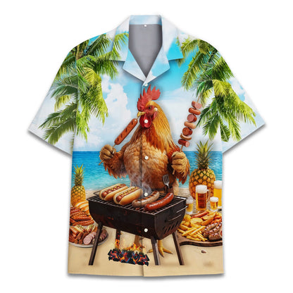 Matching family hawaiian shirts with bbq rooster pattern, front view