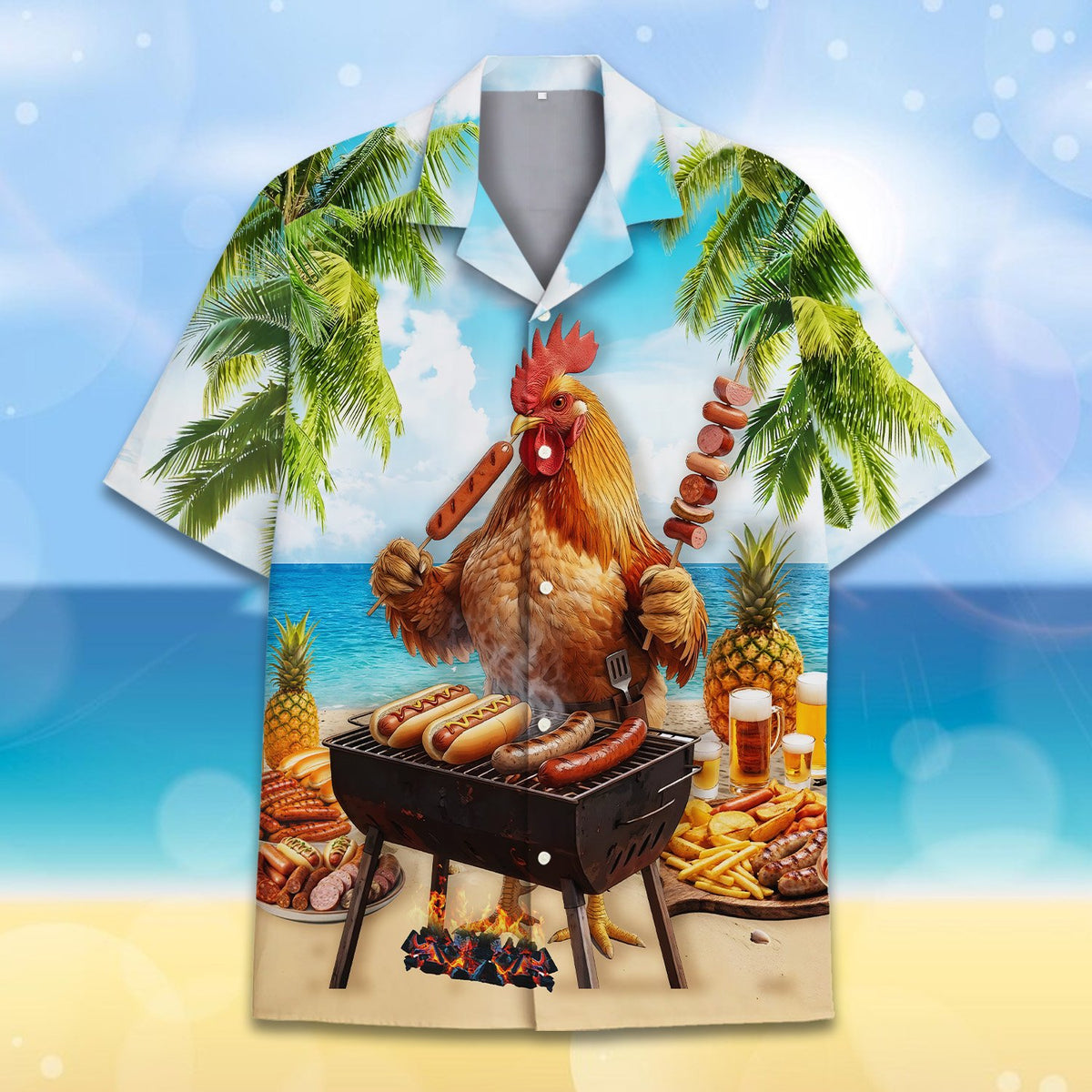 Summer bbq rooster hawaiian shirt close-up of tropical print