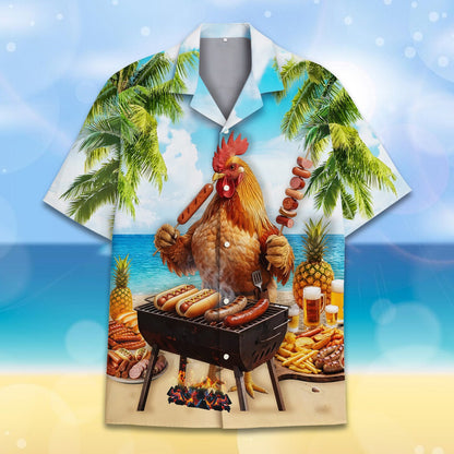 Summer bbq rooster hawaiian shirt close-up of tropical print
