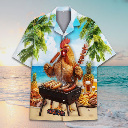 Vibrant polyester hawaiian shirt with rooster design, front view