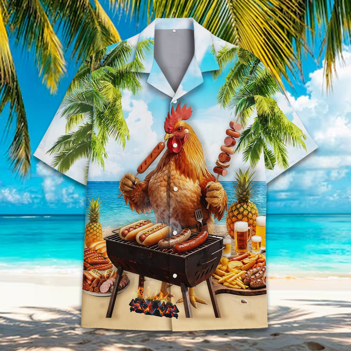 Fun rooster grilling hot dogs hawaiian shirt, front view