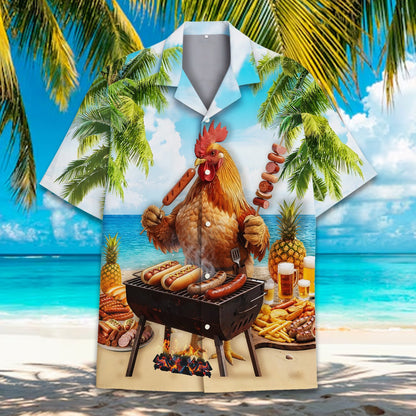 Fun rooster grilling hot dogs hawaiian shirt, front view