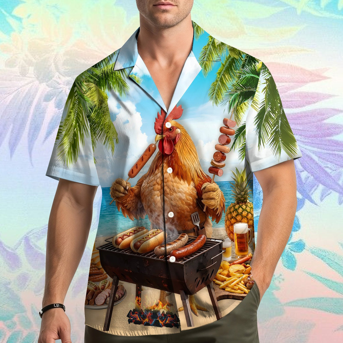 Summer bbq rooster hawaiian shirt with vibrant grilling design, front view