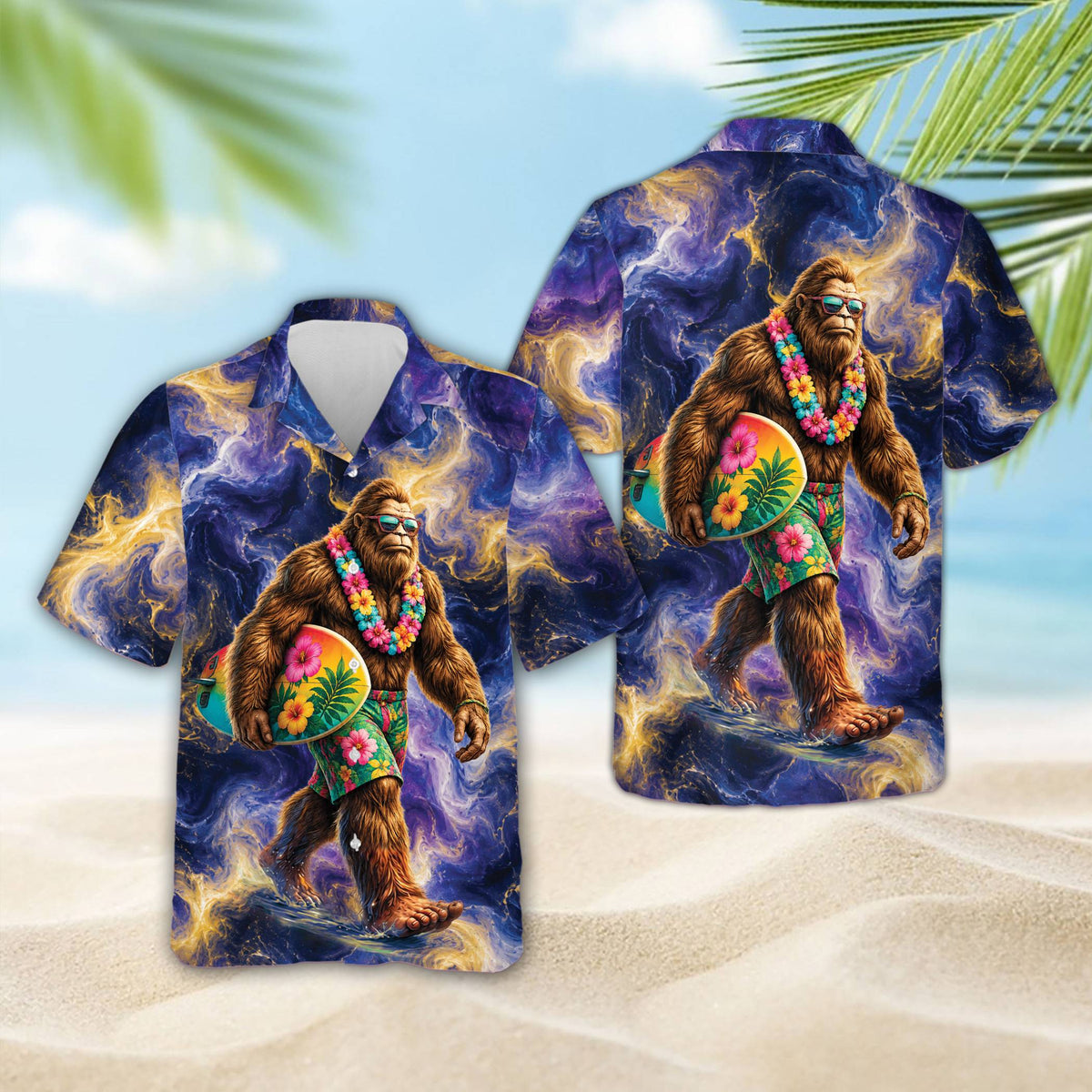Close-up front view of the bigfoot with a surfboard hawaiian shirt
