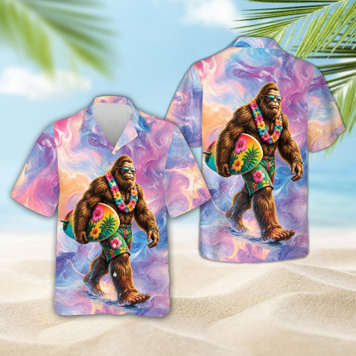 Multicolor summer hawaiian shirt with Bigfoot in sunglasses and a lei