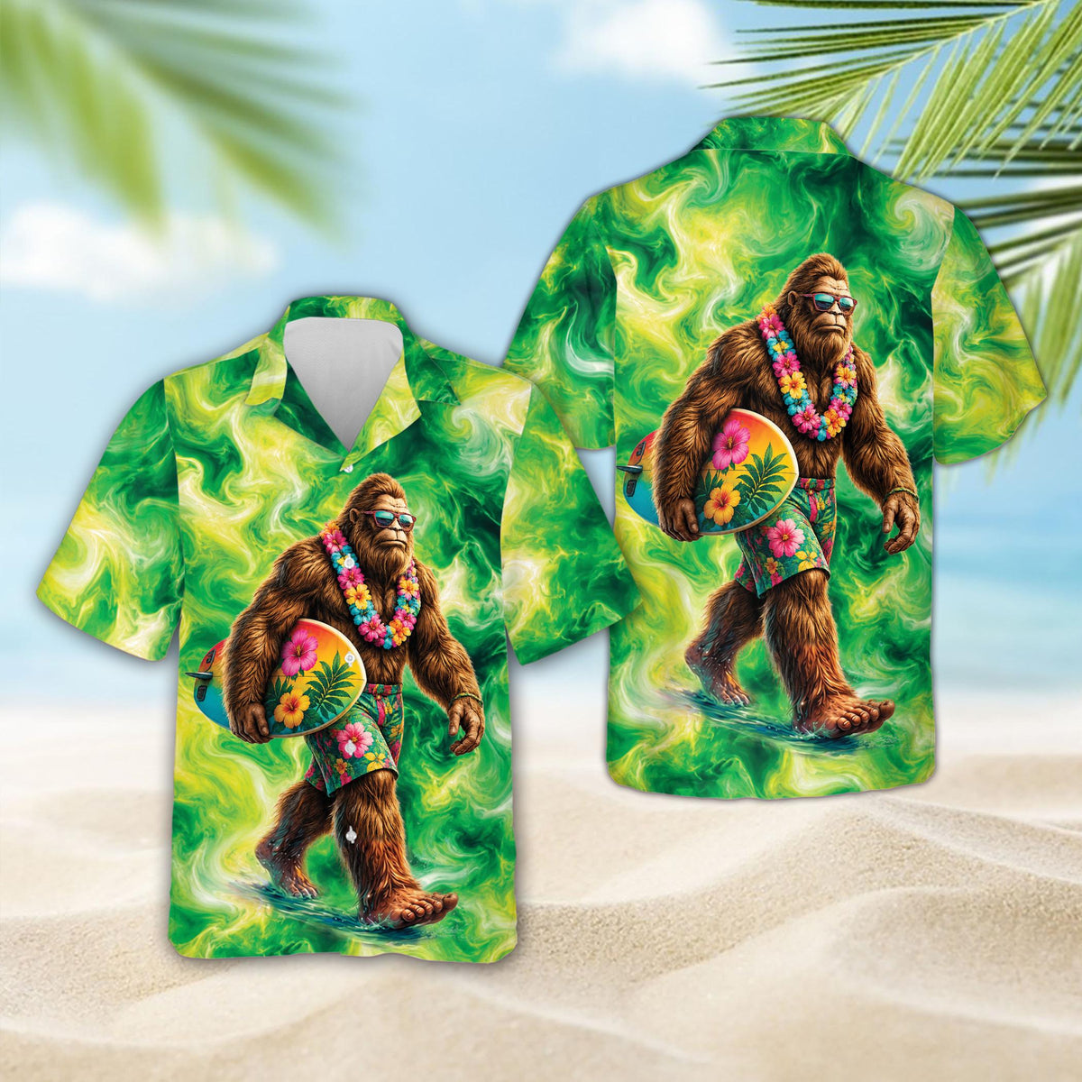 Front view showing the swirly abstract pattern on the hawaiian shirt