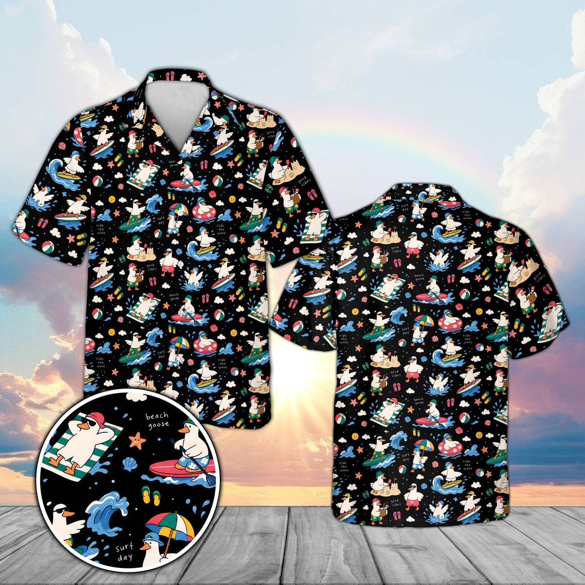 Matching family hawaiian shirt in black with cartoon surfing goose, front view