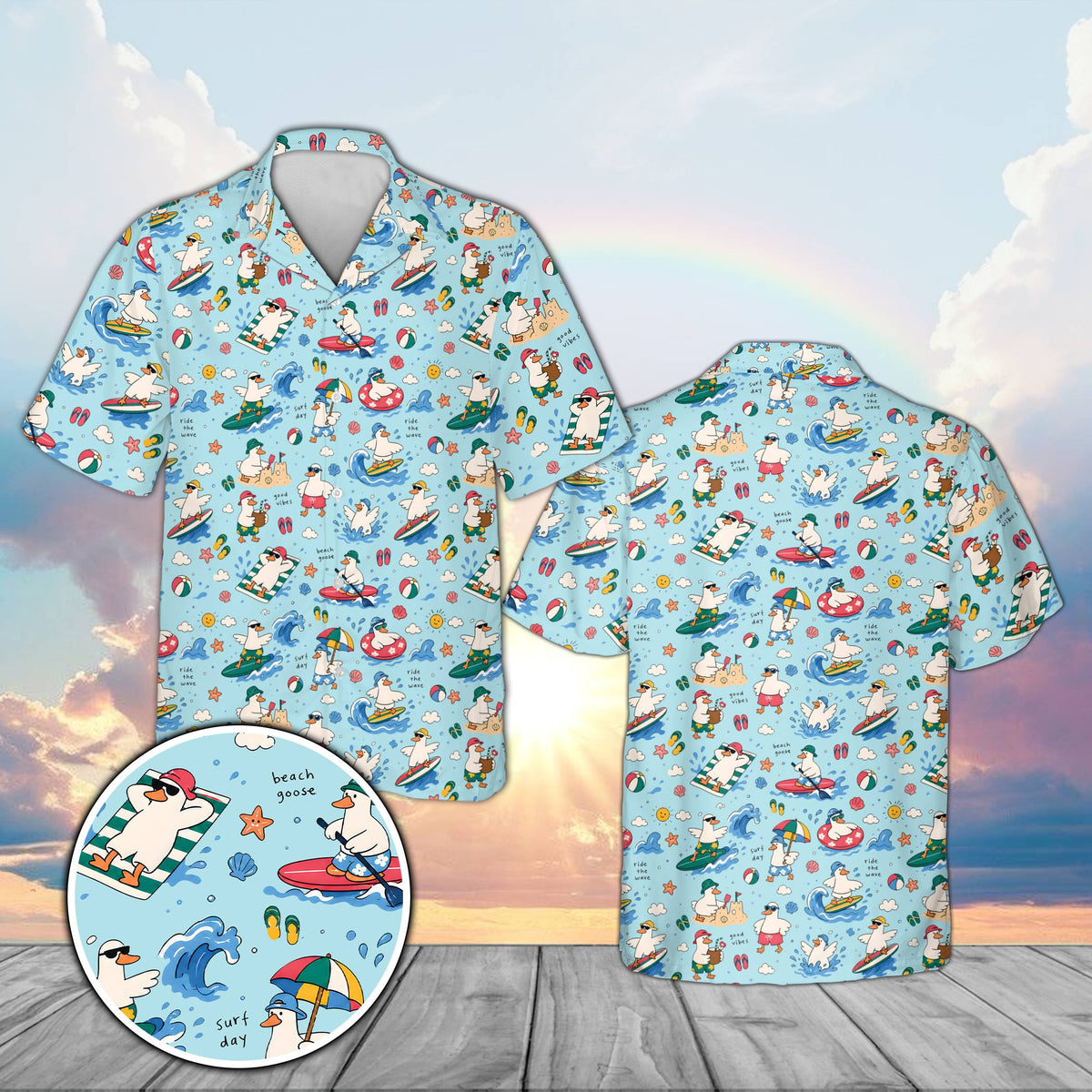 Matching family hawaiian shirt in blue with fun surfing goose pattern, front view