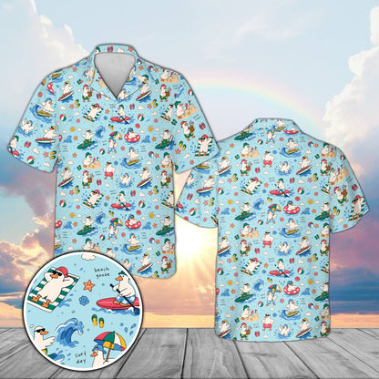 Matching family hawaiian shirt in blue with fun surfing goose pattern, front view