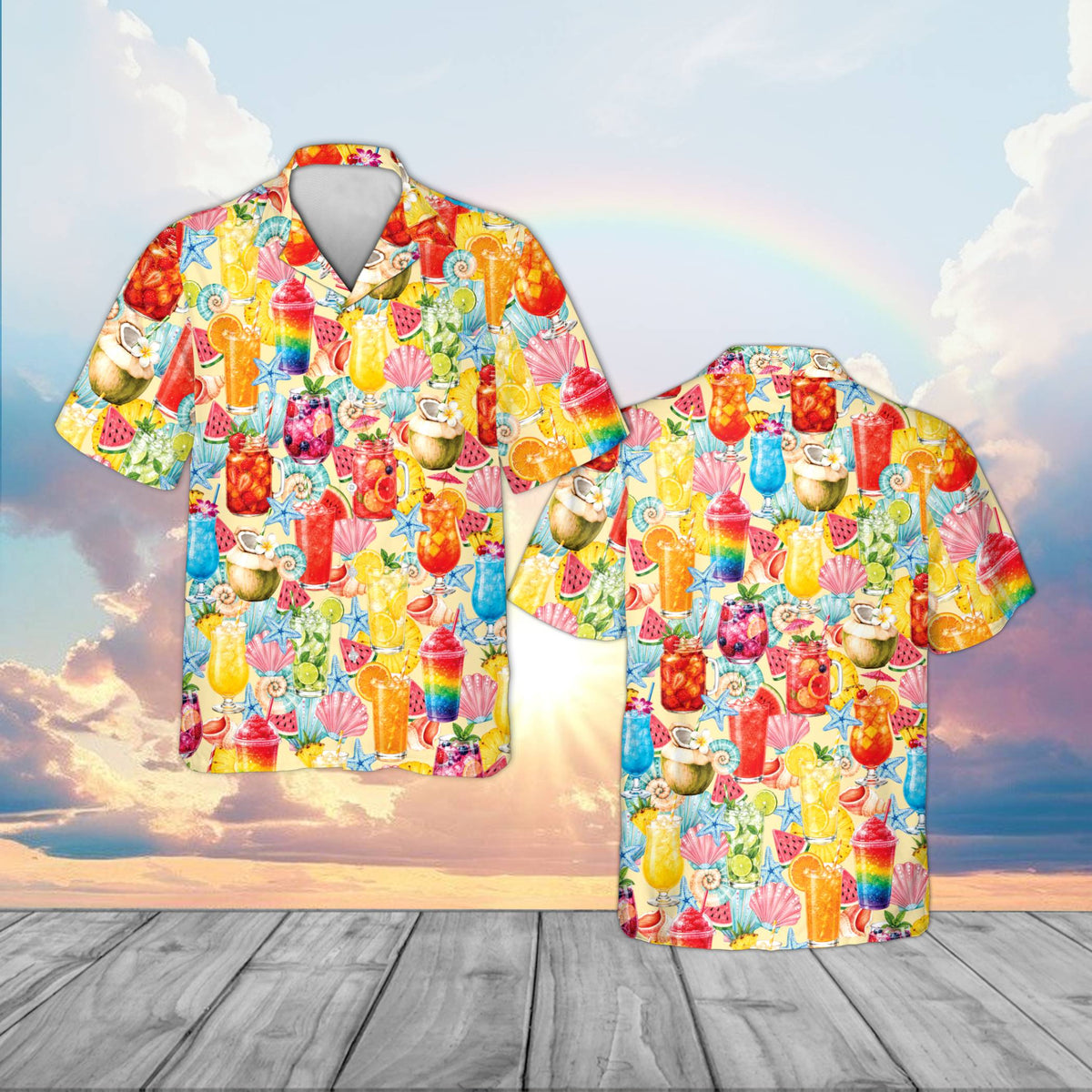 Adult wearing the multicolor summer drinks hawaiian shirt, front view